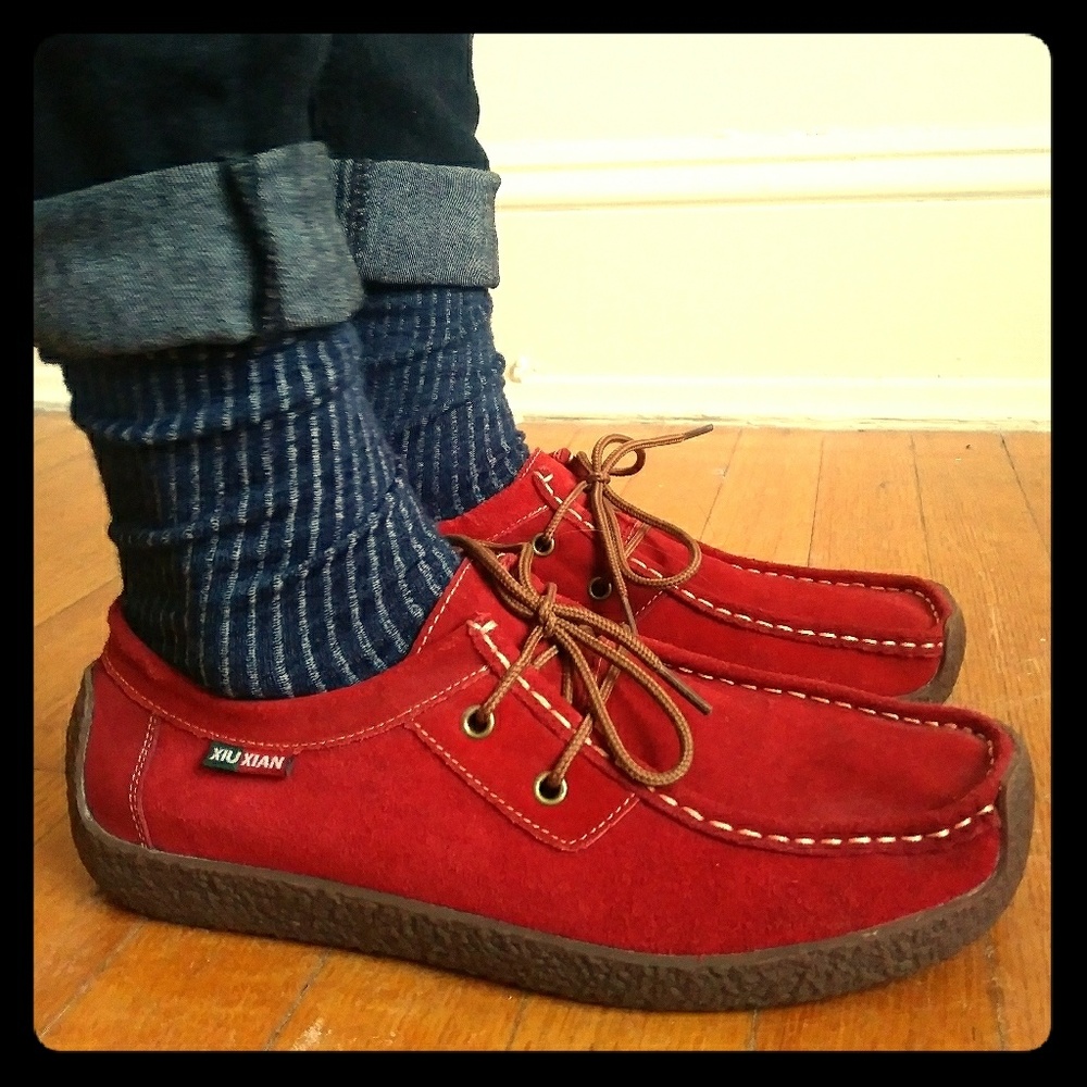Red Vintage Inspired Moccasins, Sturdy Soles